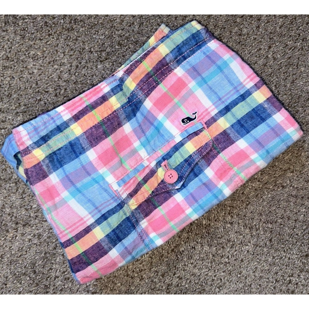 Vineyard Vines Women's 8 100% Linen Plaid Drawstring Short Button Fly 3"